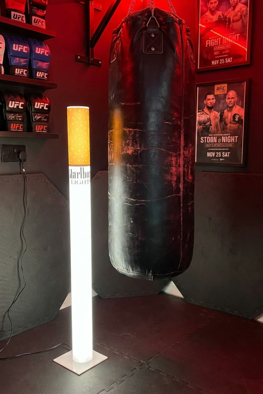 A cozy man cave featuring warm atmospheric lighting